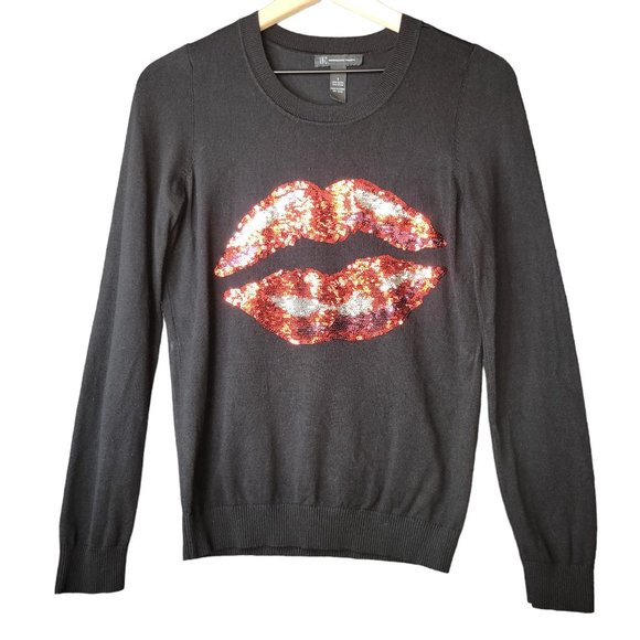 INC International Concepts Sweaters - INC Lipstick Sequins Black Crew Neck Sweater Women Size Small
